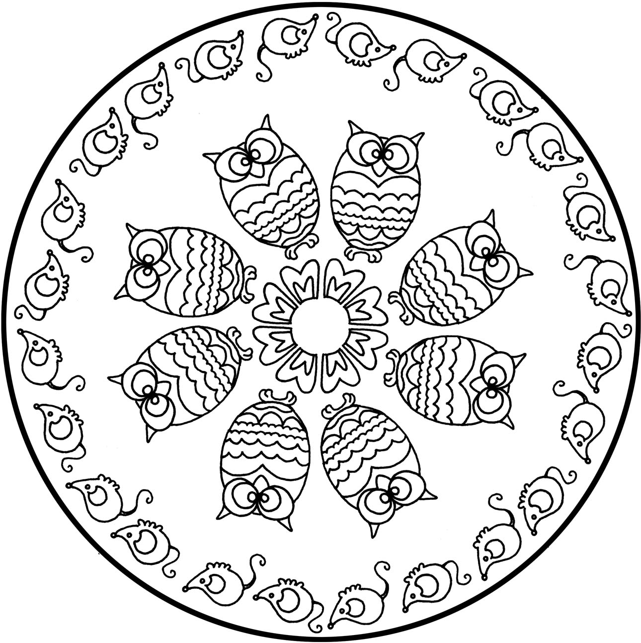 Très beau mandala ambiance 'animalière' avec plusieurs hiboux et des souris tout autour de celui-ci. Facile à colorier.